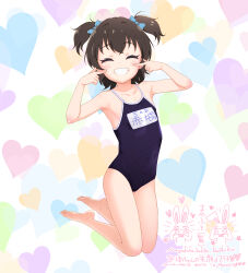 Rule 34 | 1girl, ^ ^, absurdres, akagi miria, bare arms, bare legs, bare shoulders, barefoot, black hair, black one-piece swimsuit, blue bow, blush, bow, closed eyes, commentary request, covered navel, facing viewer, fingers to cheeks, full body, grin, hair bow, hands up, heart, heart background, highres, idolmaster, idolmaster cinderella girls, kneeling, mayafufu, one-piece swimsuit, smile, solo, swimsuit, two side up, white background