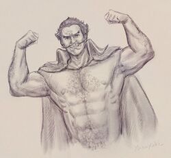 Rule 34 | 1boy, abs, armpit stubble, bara, bare pectorals, biceps, coat, coat on shoulders, cropped torso, dio (final fantasy), double biceps pose, final fantasy vii rebirth, final fantasy vii remake, flexing, graphite (medium), greyscale, hairy, large pectorals, long mustache, looking at viewer, male focus, mature male, monochrome, muscular, muscular male, navel, navel hair, nipples, no shirt, old, old man, pectorals, photo (medium), short hair, smile, solo, sparse chest hair, stomach, strongman waist, thick arm hair, thick eyebrows, thick navel hair, traditional media, wrinkled skin, yasuyuki eve