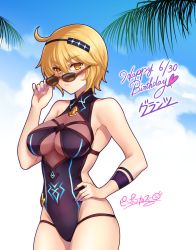 Rule 34 | 1girl, ahoge, armband, bad id, bad pixiv id, bare shoulders, blonde hair, breasts, cloud, dare ga tame no alchemist, day, grants (dare ga tame no alchemist), hair between eyes, hairband, hand on own hip, happy birthday, highleg, highleg swimsuit, highres, large breasts, looking at viewer, nail polish, one-piece swimsuit, pirapom, purple nails, see-through, serious, short hair, sky, solo, swimsuit, yellow eyes