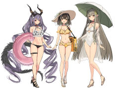 Rule 34 | 3girls, alternate costume, arknights, arm garter, bare legs, bikini, black bikini, black choker, black footwear, blush, breasts, brown footwear, brown hair, brown headwear, chinese commentary, choker, closed mouth, covered navel, criss-cross halter, drill hair, earrings, feather hair, flower, full body, hair flower, hair ornament, halterneck, hat, high heels, highres, holding, holding swim ring, holding umbrella, hoop earrings, horns, innertube, jacket, jewelry, light brown hair, long hair, looking at viewer, magallan (arknights), medium breasts, mole, mole under eye, muelsyse (arknights), multi-strapped bikini, multicolored hair, multiple girls, navel, off shoulder, one-piece swimsuit, open clothes, open jacket, open mouth, orange eyes, parted lips, plaid, plaid bikini, pointy ears, purple hair, red eyes, sandals, see-through, see-through jacket, short hair, sidelocks, sigm@, simple background, single earring, sketch, small breasts, smile, standing, stomach, straight hair, streaked hair, sun hat, swim ring, swimsuit, swimsuit cover-up, tail, thigh strap, tiara, twin drills, two-tone hair, typhon (arknights), umbrella, very long hair, white background, white choker, white hair, white one-piece swimsuit, wrist flower, yellow bikini