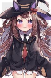 Rule 34 | 1girl, :t, blush, brown hair, commentary request, cowboy shot, fang, gloves, hair rings, hat, highres, horse girl, k0bo43, long hair, long sleeves, looking at viewer, necktie, pout, purple eyes, simple background, skin fang, solo, sweep tosho (umamusume), umamusume, v-shaped eyebrows, white background, white gloves, witch hat