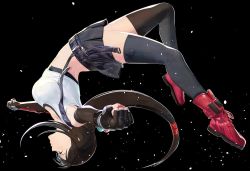 Rule 34 | 1girl, arm guards, backflip, black background, black thighhighs, clenched hands, cofffee, crop top, elbow gloves, final fantasy, final fantasy vii, final fantasy vii remake, fingerless gloves, gloves, long hair, low-tied long hair, materia, midair, miniskirt, pleated skirt, red footwear, skirt, solo, square enix, suspenders, tank top, thighhighs, tifa lockhart