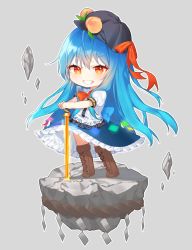 Rule 34 | 1girl, black hat, blouse, blue hair, blue skirt, brown footwear, buttons, chibi, cross-laced footwear, floating, floating object, food, frills, fruit, grin, hajin, hat, hat ribbon, highres, hinanawi tenshi, keystone, leaf, long hair, looking at viewer, peach, puffy short sleeves, puffy sleeves, rainbow gradient, rainbow order, red eyes, red ribbon, ribbon, rope, shimenawa, shirt, shoes, short sleeves, skirt, smile, solo, sword of hisou, touhou, very long hair, white shirt