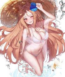 Rule 34 | 1girl, ;d, absurdres, archetto (arknights), arknights, bikini, blue flower, breasts, brown hair, brown hat, cleavage, flower, hair flower, hair ornament, hat, highres, large breasts, lilac (k32420276), long hair, looking at viewer, one eye closed, open mouth, red eyes, see-through, see-through shirt, shirt, smile, solo, swimsuit, teeth, upper teeth only, very long hair, water drop, white background, white bikini, white shirt