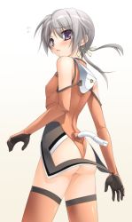 Rule 34 | 00s, 1girl, :o, ass, bare shoulders, blush, bodysuit, covered erect nipples, cowboy shot, elbow gloves, flat chest, flying sweatdrops, from behind, from side, gloves, gradient background, hair ribbon, halterneck, leotard, looking at viewer, looking back, low twintails, motionslit, ninozen, open mouth, orange thighhighs, parted bangs, pilot suit, purple eyes, raised eyebrows, ribbon, short hair, short twintails, silver hair, sky girls, solo, sonomiya karen, surprised, sweatdrop, thighhighs, thong, thong leotard, turtleneck, twintails, white background
