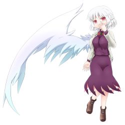 Rule 34 | 1girl, ankle boots, boots, bow, bowtie, braid, breasts, commentary request, covering own mouth, dress, french braid, full body, hand on own face, jacket, kishin sagume, looking at viewer, medium breasts, open clothes, open jacket, purple dress, red bow, red bowtie, red eyes, shirosato, short hair, silver hair, simple background, single wing, solo, standing, standing on one leg, touhou, white background, wings