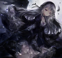 Rule 34 | 1girl, black hairband, black ribbon, black wings, closed mouth, dress, feathered wings, feathers, flower, gothic lolita, grey hair, hair between eyes, hairband, hanchan, highres, juliet sleeves, lolita fashion, lolita hairband, long hair, long sleeves, looking at viewer, neck ribbon, puffy sleeves, purple eyes, purple flower, purple rose, ribbon, rose, rozen maiden, sleeves past fingers, sleeves past wrists, solo, straight hair, suigintou, wings