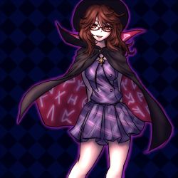 Rule 34 | 1girl, arms behind back, aura, blue background, brown eyes, brown hair, cape, checkered background, clothes writing, contrapposto, glasses, hat, long sleeves, low twintails, miata (miata8674), open mouth, plaid, quimbaya airplane, red-framed eyewear, revision, runes, school uniform, semi-rimless eyewear, shirt, short hair, skirt, smile, solo, standing, touhou, twintails, under-rim eyewear, unmoving pattern, usami sumireko