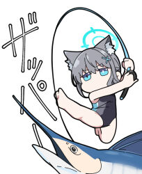 Rule 34 | 1girl, animal, animal ear fluff, animal ears, bare arms, bare legs, bare shoulders, barefoot, blue archive, blue eyes, chibi, commentary request, fish, fishing line, fishing rod, grey hair, hair between eyes, hair ornament, halo, holding, holding fishing rod, marlin (fish), nyaru (nyaru 4126), shiroko (blue archive), shiroko (swimsuit) (blue archive), simple background, solo, v-shaped eyebrows, white background