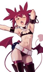 1girl absurdres armband armpits bandeau bangle belt black_armband black_bandeau black_choker black_footwear black_gloves black_panties boots bracelet choker commentary contrapposto cowboy_shot demon_girl demon_tail demon_wings disgaea earrings etna_(disgaea) fang flat_chest gloves hair_between_eyes highres jewelry light_blush linea_alba navel one_eye_closed open_mouth outstretched_arm panties petite piku184 pointy_ears red_eyes red_hair red_tail red_thighhighs red_wings short_hair short_twintails sidelocks simple_background skindentation skull_earrings solo straight_hair stretching tail thigh_boots thighhighs thighhighs_under_boots twintails underwear white_background white_belt wings yawning