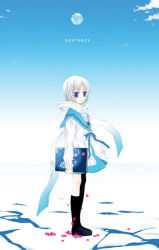 Rule 34 | 00s, 1girl, alternate hair color, arm at side, black footwear, black socks, blue bow, blue eyes, blue ribbon, blue skirt, blue sky, blue theme, book, bow, cardigan, carrying, carrying under arm, cloud, crack, flower, from side, full body, gradient background, holding, holding book, ice, kneehighs, long sleeves, looking at viewer, nagato yuki, outdoors, planet, ribbon, school uniform, serafuku, shoes, short hair, skirt, sky, socks, solo, standing, sucharaka honpo, suzumiya haruhi no yuuutsu, text focus, water, white hair