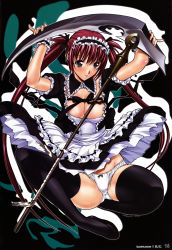 Rule 34 | 1girl, absurdres, airi (queen&#039;s blade), airi (queen's blade), airi (the infernal temptress), arms up, artbook, black thighhighs, blush, bow, bow panties, breasts, cleavage, detached collar, female focus, fingernails, frills, green eyes, groin, highres, holding, kino hitoshi, legs, long hair, looking at viewer, maid, maid headdress, panties, pantyshot, parted lips, queen&#039;s blade, red hair, scythe, sitting, skirt, solo, thighhighs, thighs, twintails, underwear, upskirt, white panties, wrist cuffs