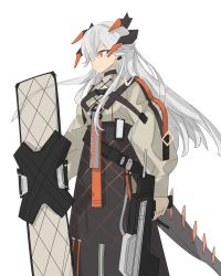Rule 34 | 1girl, arknights, bad id, bad twitter id, black skirt, chest strap, closed mouth, commentary, dragon horns, dragon tail, earclip, feet out of frame, frown, grey shirt, high-waist skirt, highres, holding, holding shield, holding weapon, horns, id card, long hair, long sleeves, orange eyes, saria (arknights), shield, shirt, silver hair, simple background, skirt, solo, syringe gun, tail, weapon, white background, xiangcm3