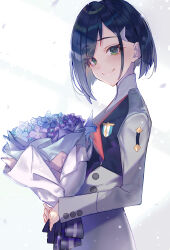 Rule 34 | 1girl, absurdres, asymmetrical bangs, black jacket, blue flower, blue hair, bob cut, bouquet, breasts, closed mouth, commentary, darling in the franxx, eyelashes, falling petals, flower, from side, green eyes, grey jacket, grey skirt, hair ornament, hair over one eye, hairclip, highres, holding, holding bouquet, ichigo (darling in the franxx), jacket, light particles, long sleeves, looking at viewer, looking to the side, military uniform, multicolored clothes, multicolored jacket, own hands together, petals, purple flower, raised eyebrows, short hair, simple background, skirt, small breasts, smile, solo, standing, tsukudani (ore624), two-tone jacket, uniform, upper body, white background