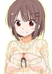 Rule 34 | 1boy, 1girl, between breasts, blush, breast hold, breasts, brown hair, cleavage, cleavage cutout, clothing cutout, fuyuno mikan, grabbing, hair ornament, hairclip, hetero, highres, meme attire, mini person, miniboy, open-chest sweater, person between breasts, ribbed sweater, short hair, simple background, size difference, smile, sweater, turtleneck, upper body, white background