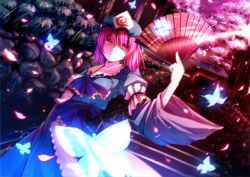 Rule 34 | 1girl, arm up, ascot, blue dress, bug, butterfly, cherry blossoms, closed mouth, dress, hand fan, female focus, hat, holding, bug, japanese clothes, looking at viewer, mob cap, petals, pink eyes, pink hair, ryosios, saigyouji yuyuko, sash, short hair, smile, solo, stairs, standing, touhou, tree, triangular headpiece, wall