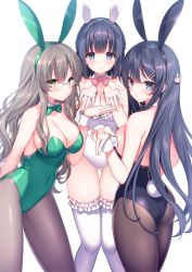 Rule 34 | 3girls, animal ears, ass, black hair, black hairband, black leotard, blue eyes, bow, bowtie, breasts, brown eyes, brown hair, brown pantyhose, cleavage, closed mouth, commission, detached collar, fake animal ears, frilled thighhighs, frills, futaba rio, glasses, gluteal fold, green bow, green bowtie, green hairband, green leotard, hair between eyes, hairband, hand up, hands up, highres, leotard, long hair, makinohara shouko, medium breasts, multiple girls, pantyhose, pink bow, pink bowtie, rabbit ears, rabbit tail, sacraneco, sakurajima mai, seishun buta yarou, simple background, smile, strapless, strapless leotard, tail, thigh gap, thighhighs, very long hair, white background, white hairband, white leotard, white thighhighs, white wings, wing collar, wings, wrist cuffs