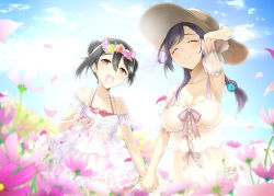 Rule 34 | 2girls, adjusting clothes, adjusting headwear, alternate hairstyle, aqua flower, artist name, artist request, bare shoulders, black hair, blue sky, blurry, blush, bow, breasts, brown hat, cleavage, closed eyes, cloud, collarbone, cross-laced clothes, cross-laced dress, day, depth of field, double bun, dress, female focus, field, flat chest, flower, flower field, flower wreath, frilled dress, frills, hair between eyes, hair bow, hair bun, hair flower, hair ornament, hair over shoulder, hat, head wreath, highres, holding, holding clothes, holding hat, large hat, long hair, long sleeves, looking at viewer, love live!, love live! school idol festival, love live! school idol project, medium breasts, miniskirt, multiple girls, outdoors, own hands together, parted lips, pink flower, plaid, plaid dress, plaid skirt, pleated, pleated dress, pleated skirt, purple flower, purple hair, red eyes, short hair, skirt, sky, sleeveless, sleeveless dress, small breasts, smile, sundress, tojo nozomi, white dress, white skirt, yazawa nico