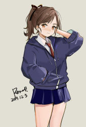 Rule 34 | 1girl, arm behind head, black ribbon, blue jacket, blue skirt, brown eyes, brown hair, collared shirt, dated, drawstring, grey background, hair ribbon, hand in pocket, hand up, highres, hood, hood down, hooded jacket, jacket, kantai collection, long sleeves, necktie, pleated skirt, ponytail, red necktie, rero (bigdoorbig2), ribbon, shikinami (kancolle), shirt, signature, simple background, skirt, solo, standing, white shirt