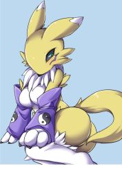Rule 34 | 1girl, animal ears, animal nose, black sclera, blue eyes, body fur, breasts, colored sclera, digimon, digimon (creature), digimon tamers, fox ears, fox tail, fun bo, furry, furry female, highres, long hair, looking at viewer, renamon, simple background, snout, solo, tail, white fur, yellow fur