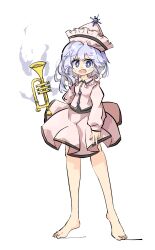 Rule 34 | 1girl, asymmetrical hair, bare legs, barefoot, blue eyes, blue hair, hat, highres, instrument, light blue hair, long sleeves, merlin prismriver, pink hat, pink shirt, pink skirt, primsla, shirt, skirt, skirt set, solo, standing, toes, touhou, trumpet