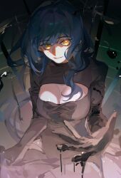 Rule 34 | 1girl, absurdres, arcana (reverse:1999), black dress, black gloves, blue hair, breasts, chinese commentary, cleavage, cleavage cutout, clothing cutout, commentary request, dadapangbbf, dress, elbow gloves, gloves, highres, large breasts, long hair, looking at viewer, mole, mole under eye, parted lips, reaching, reaching towards viewer, reverse:1999, shaded face, slime (substance), smile, solo, yellow eyes