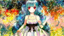 Rule 34 | 1girl, aqua hair, bad id, bad nicoseiga id, bow, dress, feathers, highres, jewelry, multicolored background, necklace, original, pearl necklace, red eyes, sazanami shione, signature, smile, solo, star (symbol), starry background, wallpaper
