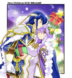 Rule 34 | 1boy, 1girl, alternate costume, bare shoulders, blue cape, blue hair, breasts, brother and sister, cape, christmas, christmas present, christmas tree, circlet, closed eyes, english text, fire emblem, fire emblem: genealogy of the holy war, fur trim, gift, headband, holding, holding gift, implied incest, jewelry, julia (fire emblem), medium breasts, nintendo, one eye closed, ponytail, purple cape, purple eyes, purple hair, seliph (fire emblem), siblings, smile, white headband, wide sleeves, yukia (firstaid0)