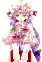 Rule 34 | 1girl, book, bow, capelet, hair bow, hat, long hair, painting (medium), patchouli knowledge, purple eyes, purple hair, shiroma (mamiko), solo, touhou, traditional media, very long hair, watercolor (medium), white background