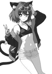 Rule 34 | 1girl, animal ear fluff, animal ears, cat ears, cat tail, chen, closed mouth, collarbone, commentary, earrings, eyewear on head, feet out of frame, fingernails, greyscale, groin, hair between eyes, jacket, jewelry, long fingernails, monochrome, multiple tails, nail polish, navel, nekomata, onkn sxkn, open clothes, open jacket, sharp fingernails, short hair, short shorts, shorts, simple background, single earring, smile, solo, sunglasses, tail, touhou, two tails, v, white background