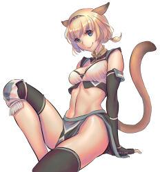 Rule 34 | 1girl, 2023, animal ears, artist name, adventurer (ff11), black gloves, blonde hair, blue eyes, breasts, brown tail, cactus41747280, cat ears, cat girl, cat tail, cleavage, closed mouth, dated, elbow gloves, final fantasy, final fantasy xi, fingerless gloves, fringe trim, gloves, hairband, highres, loincloth, medium breasts, mithra (ff11), multicolored hairband, navel, short hair, short ponytail, simple background, sitting, smile, solo, tail, tail raised, white background