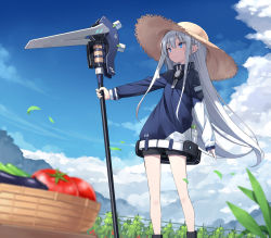Rule 34 | 1girl, basket, black footwear, black shorts, blue eyes, blue jacket, blue sky, blurry, blurry foreground, boots, brown hat, closed mouth, cloud, commentary request, day, depth of field, falling leaves, hair between eyes, hat, highres, holding, jacket, leaf, long hair, long sleeves, looking away, original, outdoors, outstretched arm, poco (asahi age), short shorts, shorts, silver hair, sky, sleeves past wrists, smile, solo, straw hat, tomato, very long hair