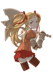 Rule 34 | 1girl, aki hiro, axe, blonde hair, brown thighhighs, cropped legs, frown, gauntlets, hair ribbon, highres, holding, holding axe, holding weapon, long hair, looking at viewer, looking back, over shoulder, puffy short sleeves, puffy sleeves, radiata stories, red ribbon, red skirt, ribbon, ridley timberlake, short sleeves, simple background, skirt, solo, standing, thighhighs, twintails, weapon, white background