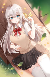 Rule 34 | 1girl, black skirt, blue eyes, blush, collared shirt, highres, kinona, leaf, long hair, looking at viewer, lying, on back, original, parted lips, school uniform, shirt, short sleeves, silver hair, skirt, solo, sweater vest, thighhighs, thighs, white shirt, white thighhighs