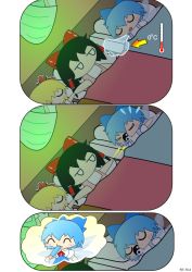 Rule 34 | &gt; &lt;, 4girls, ^ ^, black hair, blonde hair, blue hair, blush stickers, bow, cirno, comic, dozy, dozy (d mendozer), eating, closed eyes, food, futon, hair bow, hakurei reimu, holding hands, jitome, lying, multiple girls, on back, open mouth, popsicle, red bow, rumia, short hair, short sleeves, silent comic, sleeping, touhou, under covers, wriggle nightbug