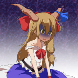 Rule 34 | 1girl, bags under eyes, blonde hair, bow, cato (monocatienus), collarbone, commentary, d:, dark background, empty eyes, flat chest, hair bow, hair ribbon, horn ornament, horn ribbon, horns, ibuki suika, large bow, long skirt, off shoulder, open mouth, ribbon, skirt, solo, touhou, trembling, tress ribbon, turn pale, wrist cuffs, yellow eyes