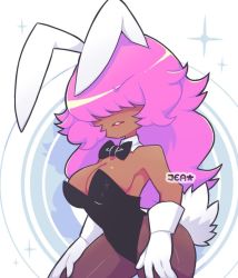 Rule 34 | 1girl, animal ears, black leotard, black neckwear, bow, bowtie, breasts, cleavage, collarbone, dark skin, detached collar, fake animal ears, gloves, hair over eyes, hands on own legs, large breasts, leotard, long hair, pantyhose, parted lips, playboy bunny, purple hair, rabbit ears, rabbit tail, sparkle, sprayjea, standing, tail, teeth, white background, white gloves