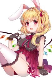Rule 34 | 1girl, :d, animal ears, babydoll, black gloves, blonde hair, blush, center opening, collar, commentary request, cup, eyes visible through hair, fake animal ears, feet out of frame, flandre scarlet, frilled collar, frilled gloves, frilled thighhighs, frills, gem, gloves, high collar, holding, holding cup, kawachi rin, light blush, looking at viewer, midriff peek, neck ribbon, open mouth, panties, pointy ears, rabbit ears, red babydoll, red eyes, red panties, red ribbon, ribbon, short hair, side-tie panties, side ponytail, simple background, sitting, smile, solo, teacup, thighhighs, tongue, touhou, underwear, white background, white thighhighs, wings