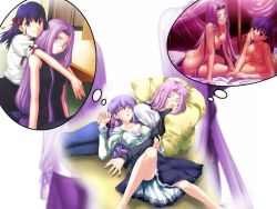 Rule 34 | 00s, 2girls, breasts, cleavage, dreaming, fate/stay night, fate (series), glasses, holding hands, hug, hug from behind, matou sakura, medusa (fate), medusa (rider) (fate), multiple girls, nipples, nude, open clothes, open shirt, purple hair, shirt, sleeping, square pupils, takeuchi takashi, third-party edit