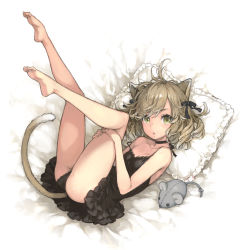 Rule 34 | 1girl, ahoge, animal ears, ass, bare legs, bare shoulders, barefoot, bed sheet, black choker, black dress, black panties, breasts, cat ears, cat girl, cat tail, choker, dress, from above, green eyes, hugging own legs, legs up, light brown hair, long hair, looking at viewer, lying, morisawa haruyuki, on back, on bed, open mouth, original, panties, pantyshot, pillow, small breasts, soles, solo, stuffed animal, stuffed mouse, stuffed toy, tail, toes, two side up, underwear