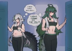 Rule 34 | 2girls, arknights, black pantyhose, blush, breasts, commentary, cowboy shot, crocodilian tail, english commentary, english text, gavial (arknights), green hair, grey hair, hair over one eye, indoors, large tail, locker, locker room, long hair, looking at another, material growth, medium breasts, multiple girls, navel, oripathy lesion (arknights), orz (kagewaka), pants, pantyhose, plump, pointy ears, sports bra, sweatdrop, tail, thought bubble, tomimi (arknights), towel, towel around neck, track pants