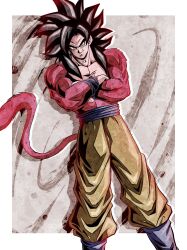 Rule 34 | 1boy, absurdres, biceps, blue sash, blue wristband, body fur, closed mouth, crossed arms, dragon ball, dragon ball gt, full body, highres, looking at viewer, male focus, monkey boy, monkey tail, muscular, muscular male, pants, pectorals, red fur, saiyan, sash, simple background, smirk, solo, spiked hair, standing, super saiyan, super saiyan 4, tail, ushi (akabec0), wristband