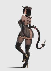 Rule 34 | 1girl, ass, back, bare shoulders, black gloves, black hair, black thighhighs, boots, braid, breasts, chemise, demon girl, demon horns, elbow gloves, full body, gloves, grey background, hair over one eye, hair over shoulder, hayabusa, high heel boots, high heels, highres, horns, large breasts, lingerie, long hair, looking at viewer, looking back, no bra, no panties, open mouth, original, parted lips, pasties, purple eyes, red eyes, see-through, simple background, single braid, solo, star pasties, tagme, tail, thigh boots, thighhighs, thighhighs under boots, underwear