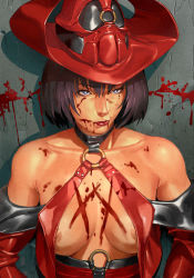 Rule 34 | 1girl, arc system works, bare shoulders, black hair, blood, blue eyes, bob cut, breasts, detached sleeves, guilty gear, hat, i-no, lips, nipple slip, nipples, orushibu, red hat, short hair, small breasts, solo