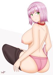 Rule 34 | 1girl, absurdres, ass, bare shoulders, blush, breasts, butt crack, clothes pull, from behind, genshin impact, green eyes, highres, izzyice, large breasts, looking at viewer, looking back, nipples, noelle (genshin impact), panties, pantyhose, pantyhose pull, pink hair, pink panties, shiny skin, short hair, sideboob, solo, topless, underwear