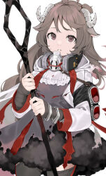 Rule 34 | 1girl, ahoge, arknights, black thighhighs, brown eyes, capelet, commentary, cowboy shot, dress, e draw paint, eyjafjalla (arknights), goggles, hair tie, highres, holding, holding staff, horns, light brown hair, long hair, long sleeves, looking at viewer, mask, mask around neck, open mouth, red trim, respirator, sheep horns, simple background, solo, staff, symbol-only commentary, thighhighs, torn clothes, torn dress, white background, white capelet, wool, zettai ryouiki