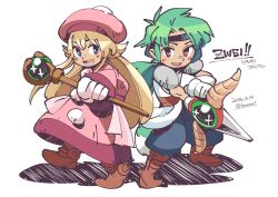 Rule 34 | 1boy, 1girl, blonde hair, blue eyes, dress, full body, gloves, green hair, hat, holding, holding weapon, hounori, long hair, looking at viewer, open mouth, pink dress, pipiro (zwei!!), pockle (zwei!!), simple background, smile, staff, weapon, white background, zwei!!