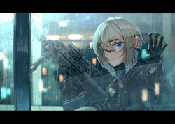 1girl black_gloves blonde_hair blue_eyes dreadtie glasses gloves gun highres holding holding_gun holding_weapon letterboxed load_bearing_vest original rain scope short_hair solo trigger_discipline weapon weapon_request