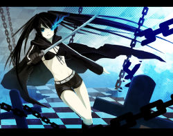 Rule 34 | 10s, 1girl, bad id, bad pixiv id, bare legs, bikini, bikini top only, black bikini, black hair, black rock shooter, black rock shooter (character), blue eyes, chain, checkered floor, flat chest, front-tie bikini top, front-tie top, glowing, katana, long hair, pale skin, shiramori yuse, solo, swimsuit, sword, twintails, uneven twintails, weapon