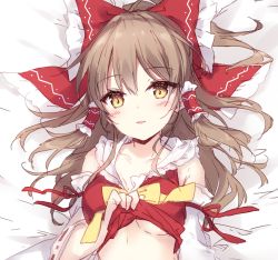 Rule 34 | 1girl, arm ribbon, bare shoulders, bed sheet, blush, bow, breasts, brown eyes, brown hair, collarbone, commentary request, detached sleeves, frilled shirt collar, frills, hair between eyes, hair bow, hair tubes, hakurei reimu, highres, lifting own clothes, long hair, looking at viewer, lying, medium breasts, mochizuki shiina, on back, parted lips, red bow, red ribbon, ribbon, sidelocks, sketch, smile, solo, touhou, underboob, upper body, yellow bow, yellow neckwear